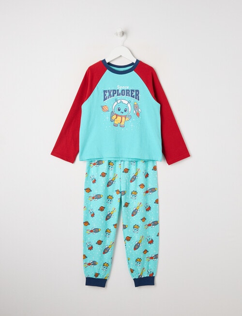 Sleep Mode Space Explorer Knit Flannel PJ Set, Aqua, 2-8 product photo