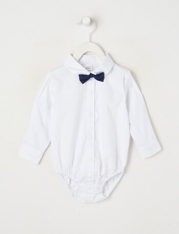 Teeny Weeny Long Sleeve Woven Body Suit with Bow tie, White product photo