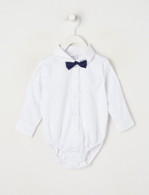 Teeny Weeny Long Sleeve Woven Body Suit with Bow tie, White product photo