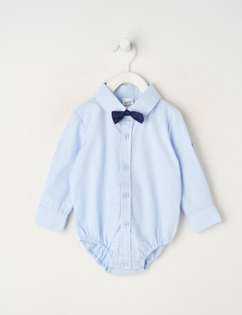 Teeny Weeny All Dressed Up Long Sleeve Chambray Bodysuit With Bowtie, Blue product photo