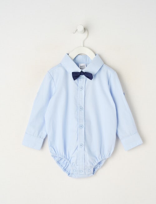 Teeny Weeny All Dressed Up Long Sleeve Chambray Bodysuit With Bowtie, Blue product photo
