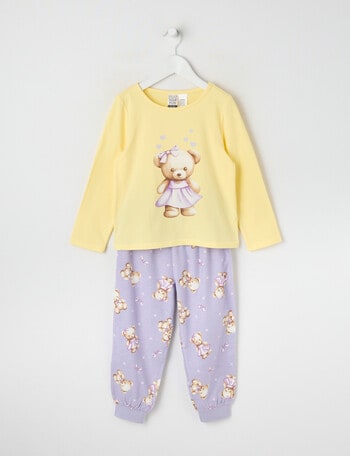 Sleep Mode Teddy Bear Knit & Flannel PJ Set, Yellow & Lilac, 2-8 product photo