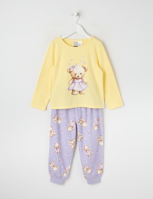 Sleep Mode Teddy Bear Knit & Flannel PJ Set, Yellow & Lilac, 2-8 product photo