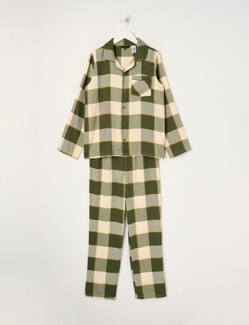 Sleep Squad Buffalo Check Flannel PJ Set, Sea Kelp, 8-16 product photo