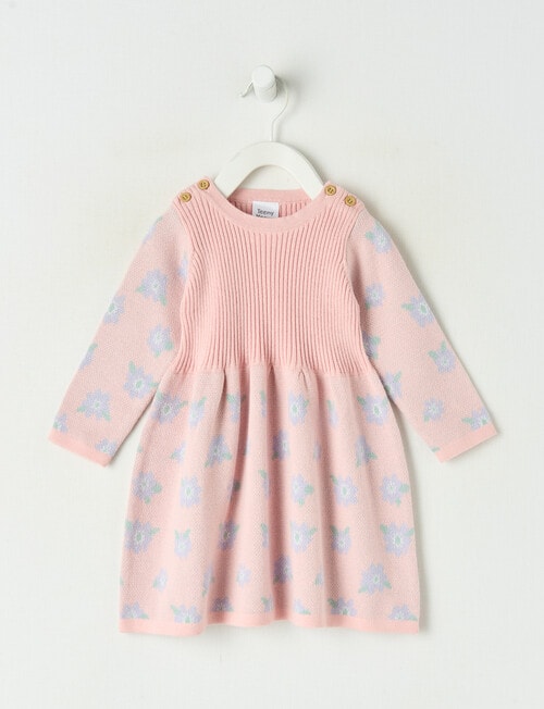 Teeny Weeny Hearts & Bows Long-Sleeve Flower Knit Dress, Pink product photo