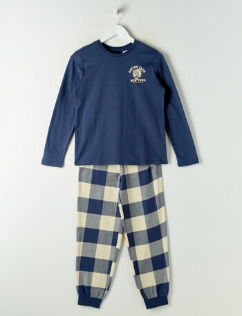 Sleep Squad Tiger & Yarn Dye Check Knit & Flannel PJ Set, Blue, 8-16 product photo