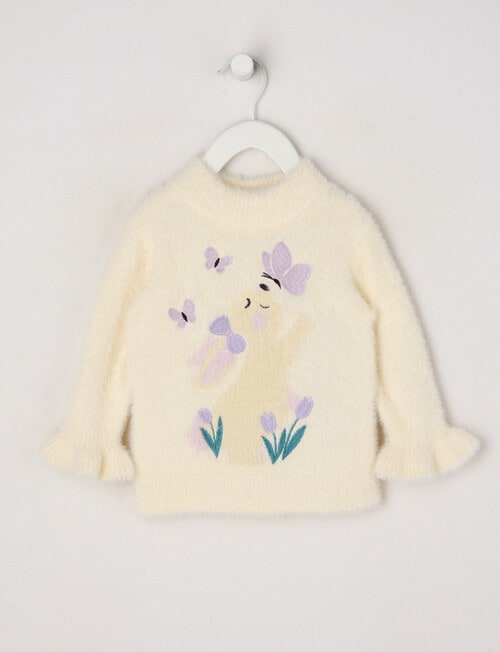 Teeny Weeny Heart & Bow Fluffy Crew Neck Bunny Knit Top, Cream product photo