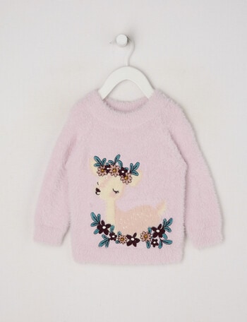 Teeny Weeny Heart & Bow Fluffy Crew Neck Deer Knit Top, Pink product photo