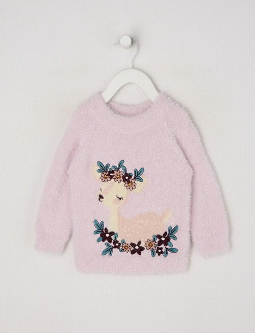 Teeny Weeny Heart & Bow Fluffy Crew Neck Deer Knit Top, Pink product photo