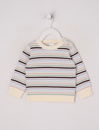 Teeny Weeny Heart & Bow Knit Crew Neck Striped Jumper, Cream Multi product photo