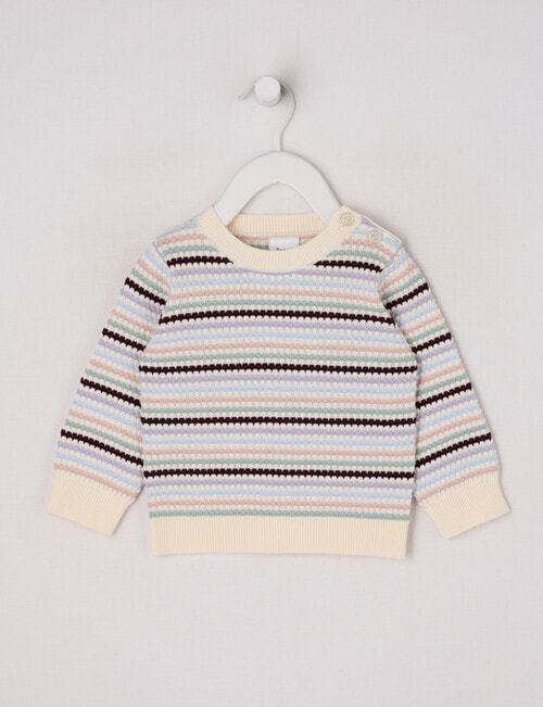 Teeny Weeny Heart & Bow Knit Crew Neck Striped Jumper, Cream Multi product photo