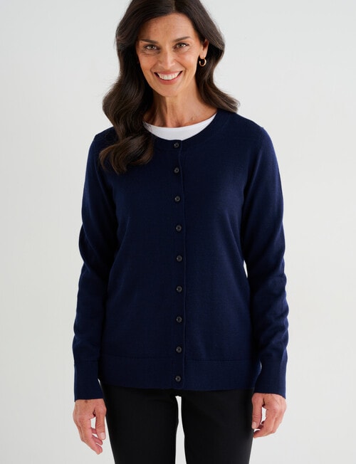 Ella J Merino Classic Cardigan, Navy product photo View 04 L