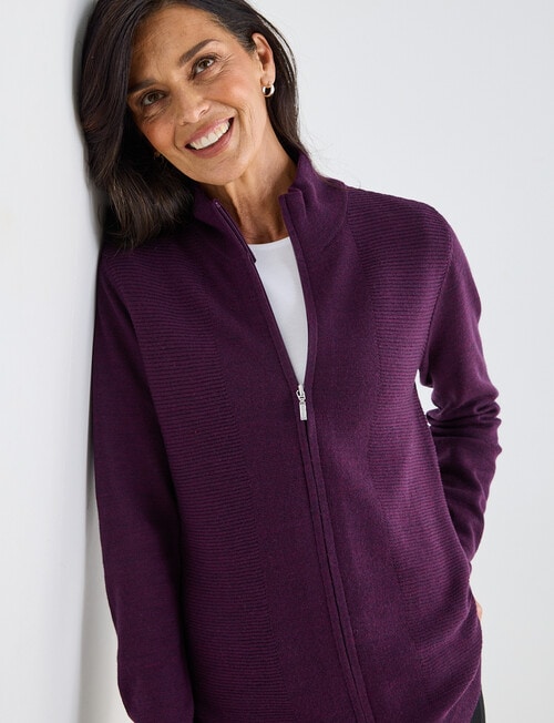 Ella J Merino Rib Zip Cardigan, Grape product photo View 05 L