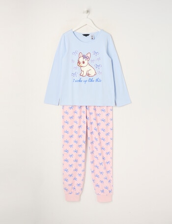 Sleep Squad Pup & Bows Knit Flannel PJ Set, Pink & Blue, 8-16 product photo