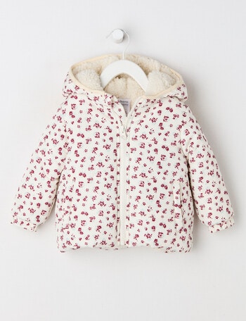Teeny Weeny Heart & Bow Puffer Hooded Jacket, Cream & Pink product photo