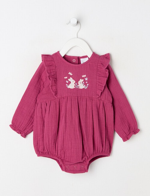 Teeny Weeny Heart & Bow Muslin Romper, Raspberry product photo