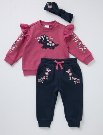 Teeny Weeny Hearts & Bows Dino Tracksuit, 3-Piece, Blue & Pink product photo