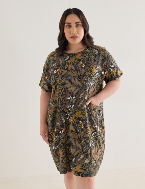 Studio Curve Linen Blend Pocket Front Dress, Rainforest Print product photo
