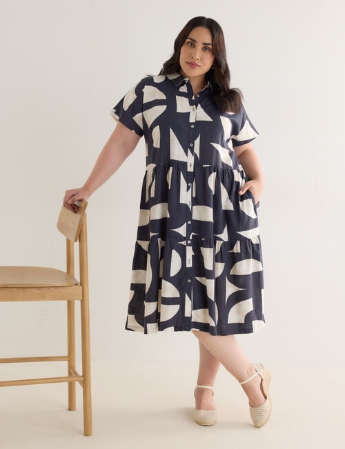 Studio Curve Linen Blend Button Through Shirt Dress, Midnight Graphic product photo