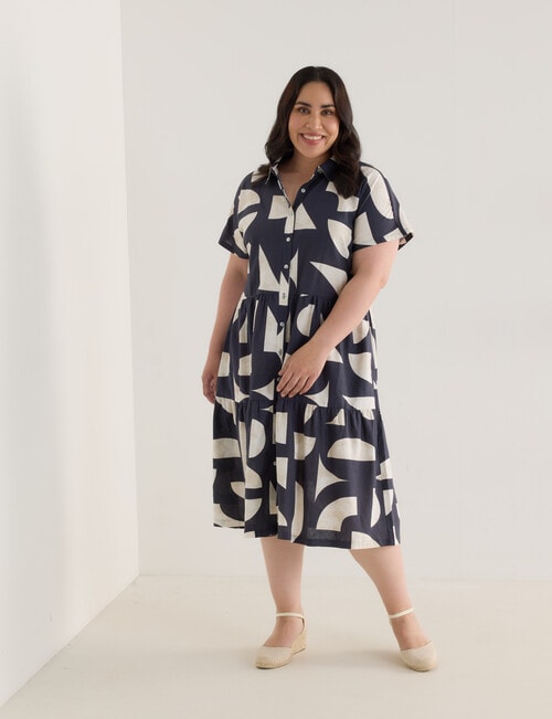 Studio Curve Linen Blend Button Through Shirt Dress, Midnight Graphic product photo View 03 L