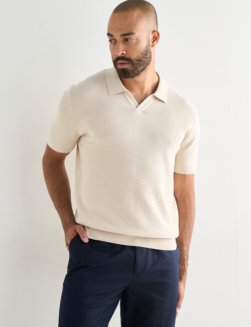 Laidlaw + Leeds Knitted Short Sleeve Polo Shirt, Oat product photo View 03 L