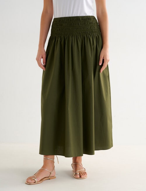 Whistle Shirred Waist Poplin Skirt, Khaki product photo View 02 L