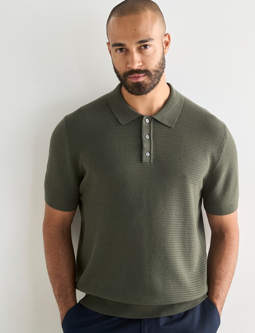 Laidlaw + Leeds Knitted Short Sleeve Button Down Polo Shirt, Khaki product photo View 05 L