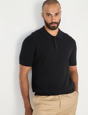 Laidlaw + Leeds Knitted Short Sleeve Button Down Polo Shirt, Black product photo