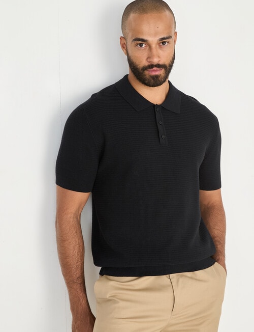 Laidlaw + Leeds Knitted Short Sleeve Button Down Polo Shirt, Black product photo
