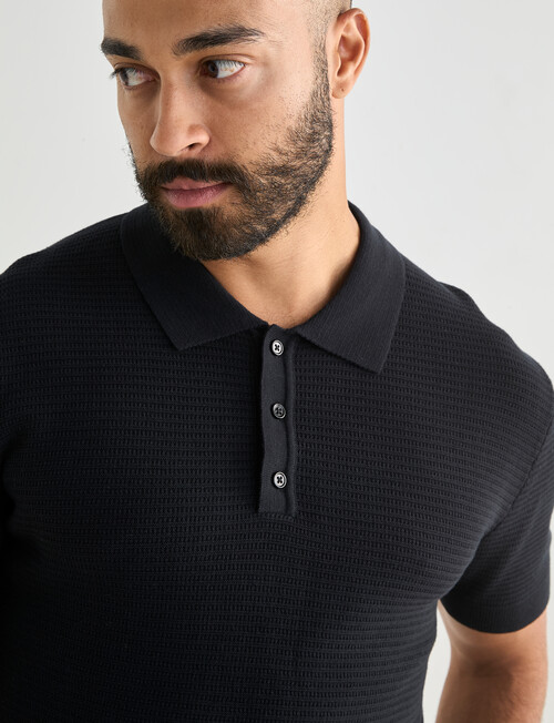 Laidlaw + Leeds Knitted Short Sleeve Button Down Polo Shirt, Black product photo View 04 L