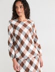 Zest Linen Bias 3/4 Sleeve Top, Chocolate Check product photo