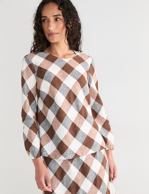 Zest Linen Bias 3/4 Sleeve Top, Chocolate Check product photo