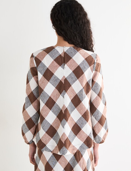 Zest Linen Bias 3/4 Sleeve Top, Chocolate Check product photo View 02 L