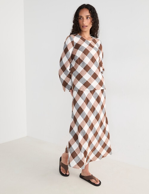 Zest Linen Bias 3/4 Sleeve Top, Chocolate Check product photo View 03 L