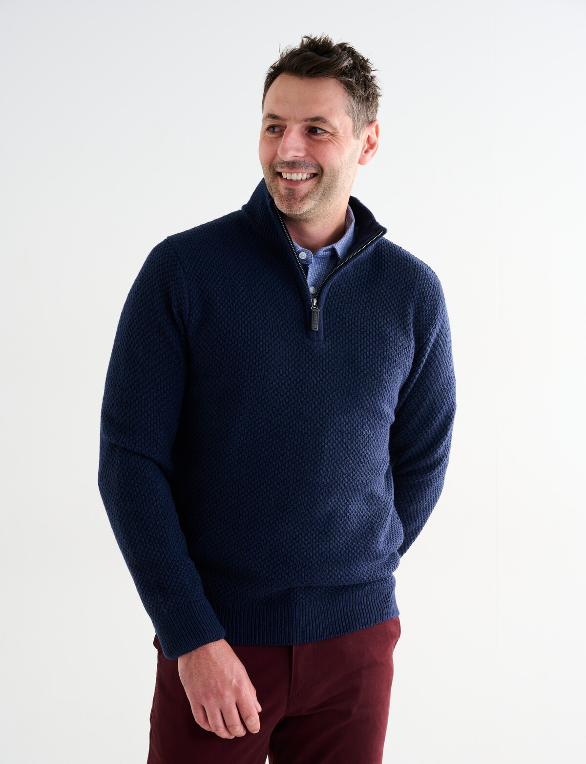 Chisel Textured 1/4 Zip Sweater, Navy Marle - Knitwear