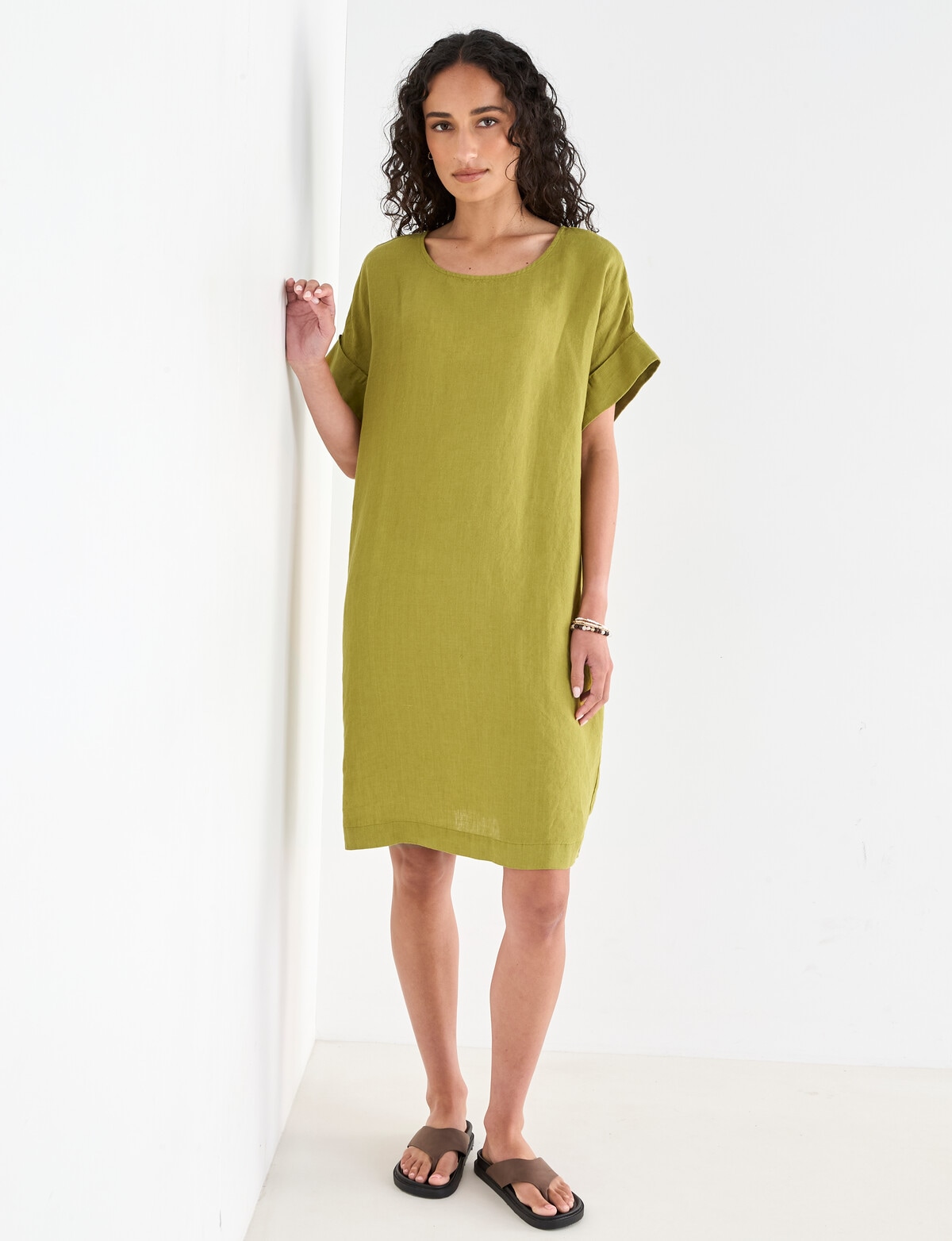 knee length dresses for ladies Gathered waist Linen Dress main image 1
