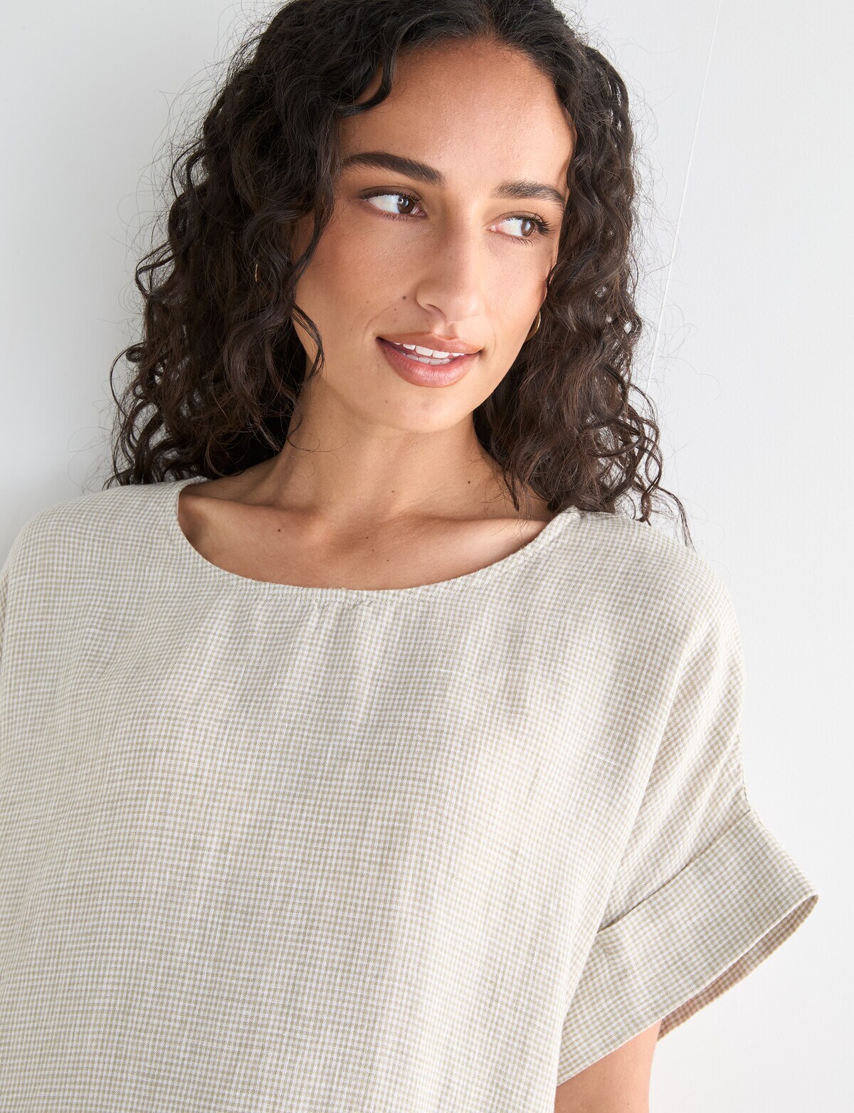 Zest Linen Turn Up Sleeve Dress, Mini Check Willow - Dresses Zest Linen Turn Up Sleeve Dress, Mini Check Willow - Dresses