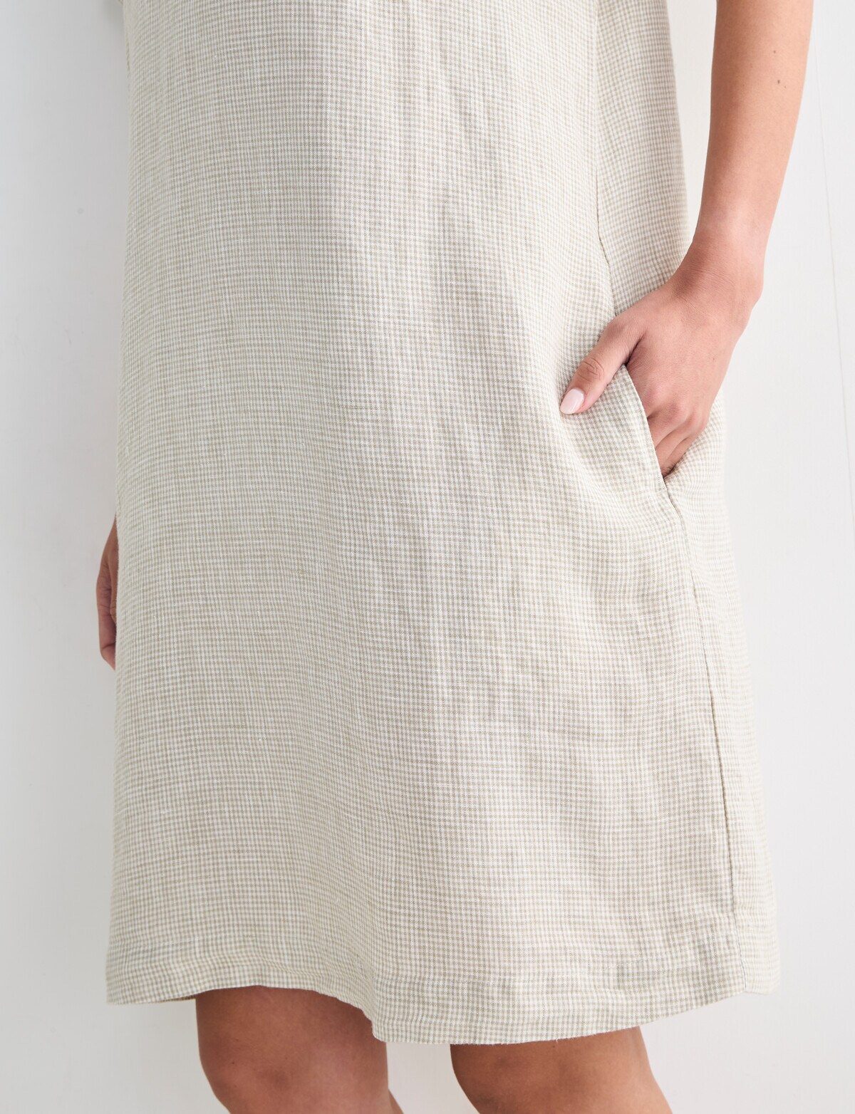 Zest Linen Turn Up Sleeve Dress, Mini Check Willow - Dresses