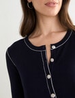 Oliver Black Long Crew Knit Trim Cardigan, Navy & Ivory product photo View 04 S