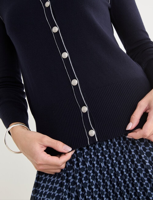 Oliver Black Long Crew Knit Trim Cardigan, Navy & Ivory product photo View 06 L