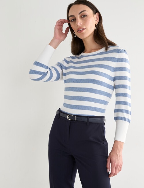 Oliver Black Puff Sleeve Stripe Top, Blue & Ivory product photo