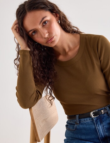 Mineral Hazel Rib Crew Long Sleeve Top, Pecan product photo