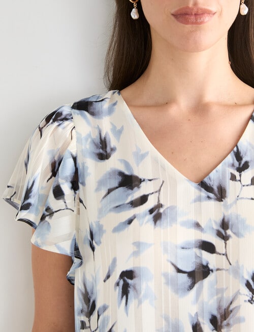 Oliver Black Floral V-Neck Flutter Sleeve Top, Blue & Ivory product photo View 06 L