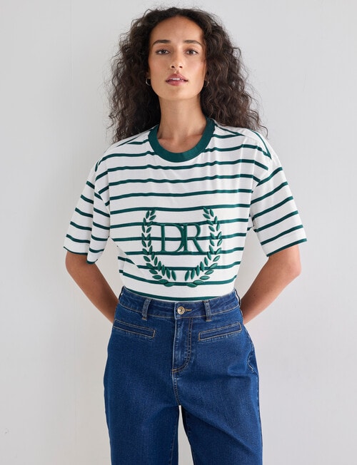 Denim Republic Embroidered Striped Tee, Green product photo