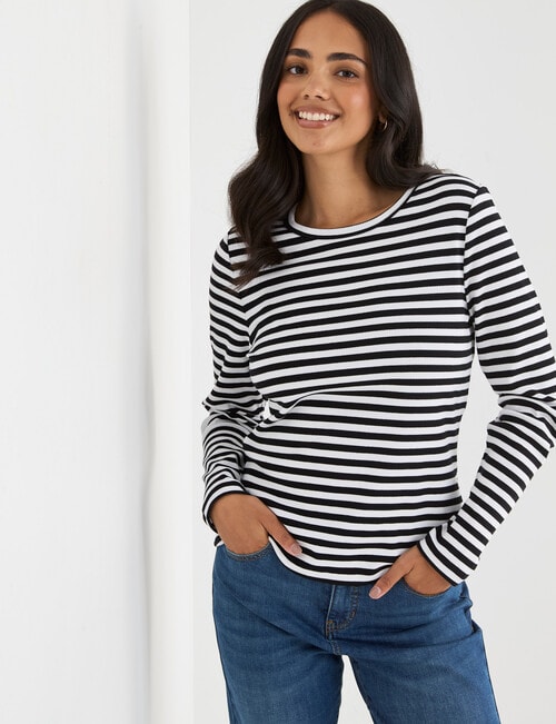 Bodycode Rib Crew Neck Long Sleeve Tee, Black & White Stripe product photo View 05 L