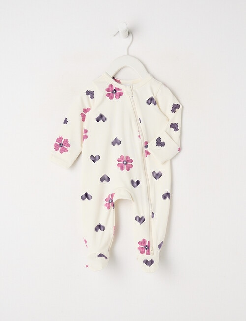 Teeny Weeny Sleep Stretch Cotton Hearts & Flowers Sleepsuit, White product photo