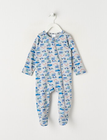 Teeny Weeny Sleep Stretch Cotton Truck Sleepsuit, Grey & Blue product photo