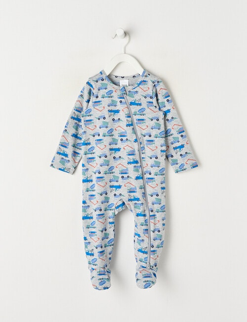 Teeny Weeny Sleep Stretch Cotton Truck Sleepsuit, Grey & Blue product photo View 03 L