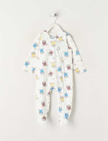Teeny Weeny Sleep Stretch Cotton Popcorn Sleepsuit, White product photo