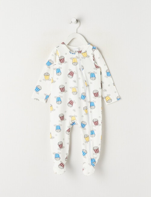 Teeny Weeny Sleep Stretch Cotton Popcorn Sleepsuit, White product photo